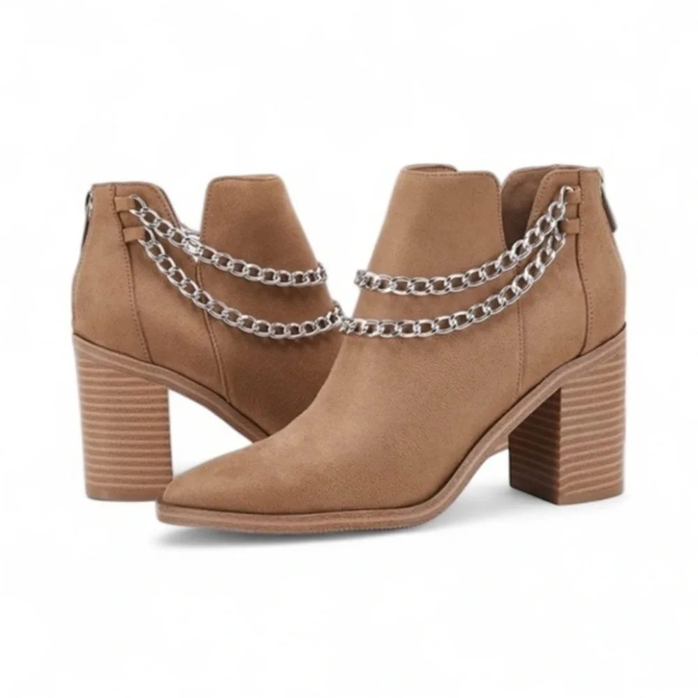 PiePieBuy Suede Chain Ankle Boots | Block Heel Tan Booties | Size 9 BNIB